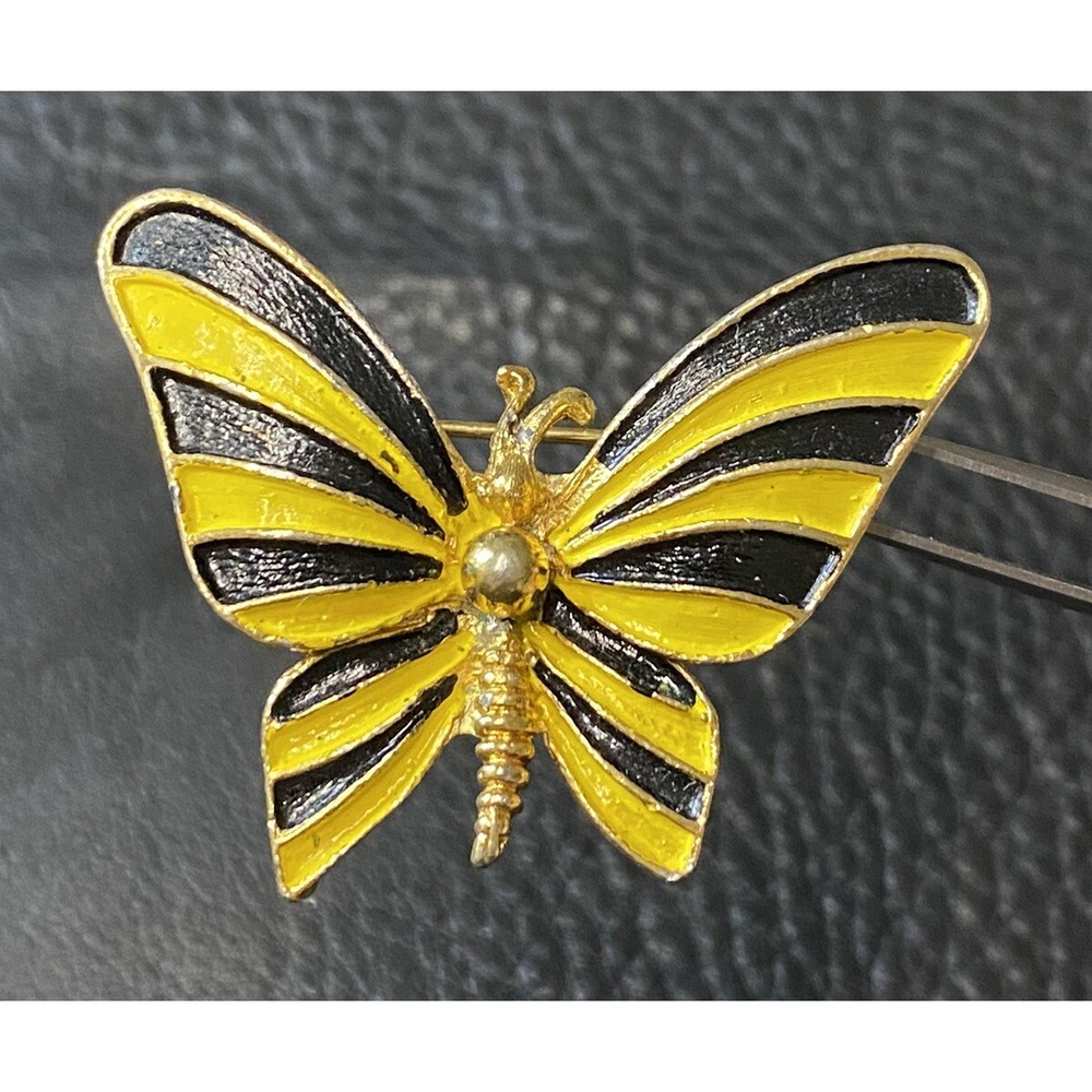 VNTG 1960's Butterfly Black & Yellow Enamel Over Cast Metal Brooch Jewelry Rare